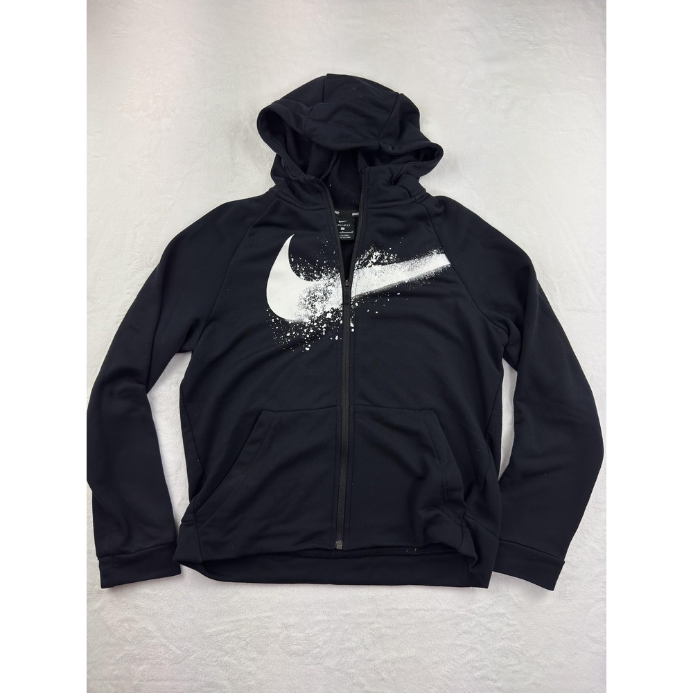 Nike Hoodie Boys Large Black Dri-FIT Full Zip Swoosh Graphic Jacket Athletic